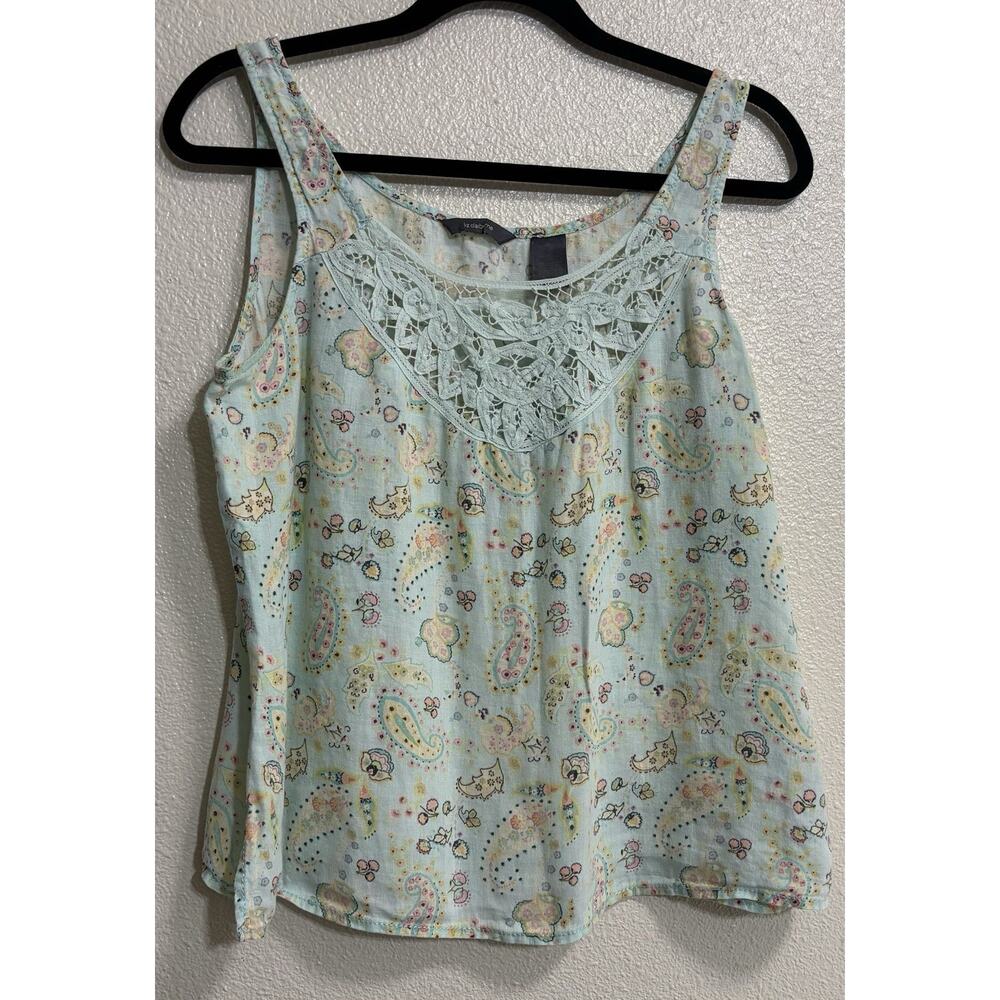 100% Linen Tank Top Lace Paisley Summer Beach Coastal Resort Vacation Size 12